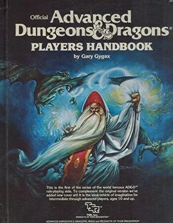 クラシックなアドバンスドダンジョンズ＆ドラゴンズのプレイヤーズハンドブックのカバー、魔法をかける魔法使いが描かれている
